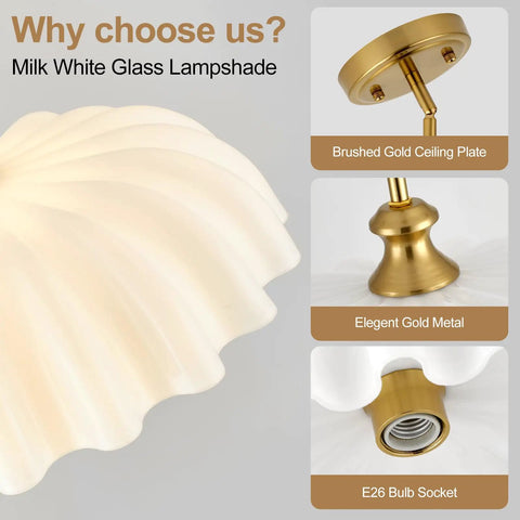 puncoll 15.7 Vintage Milk Glass Pendant Light Kitchen Island with floral-shaped milk white shade and brushed gold ceiling plate.