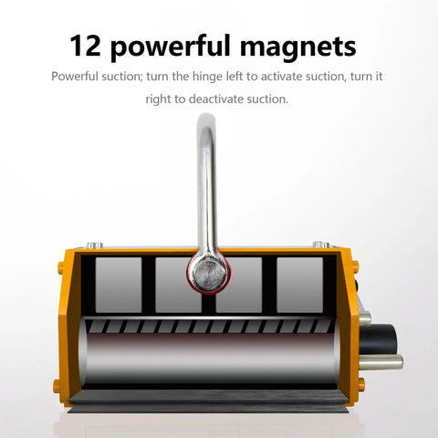 Close-up view of Heavy Duty Permanent Magnetic Lifter and 11000 Lbs Industrial Lifting Magnet showing 12 powerful magnets and rotary switch.