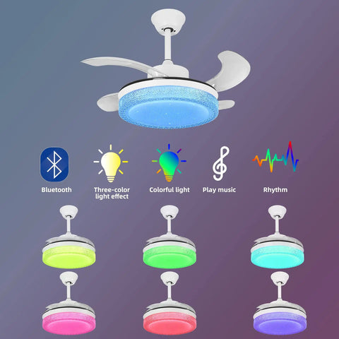 36 Inch Smart Retractable Ceiling Fan With Bluetooth Speaker For Kids Room Kid Friendly RGB Color Changing Crystal Fandelier with app icons