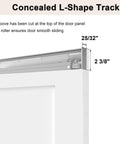 Close-up of concealed L-shape track for 36 By 80 Inch Sliding Barn Door Featuring Concealed Hardware And Butter Smooth Soft Close System Plus Full Length Mirror.