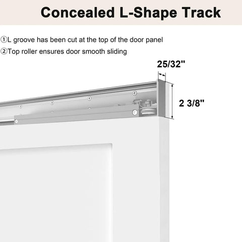Close-up of concealed L-shape track for 36 By 80 Inch Sliding Barn Door Featuring Concealed Hardware And Butter Smooth Soft Close System Plus Full Length Mirror.