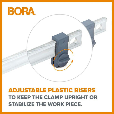 Adjustable plastic risers on Heavy Duty 50 Inch Parallel Clamps 2 Pack Woodworking Bar Clamps for stabilizing work pieces.