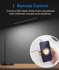 Sleek Metal Smart LED Desk Lamp With WiFi And Voice Control HomeKit Alexa And Google Home Compatibility shown with remote app interface