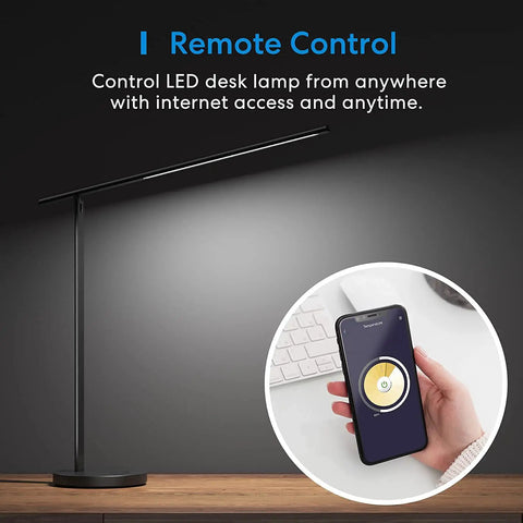 Sleek Metal Smart LED Desk Lamp With WiFi And Voice Control HomeKit Alexa And Google Home Compatibility shown with remote app interface
