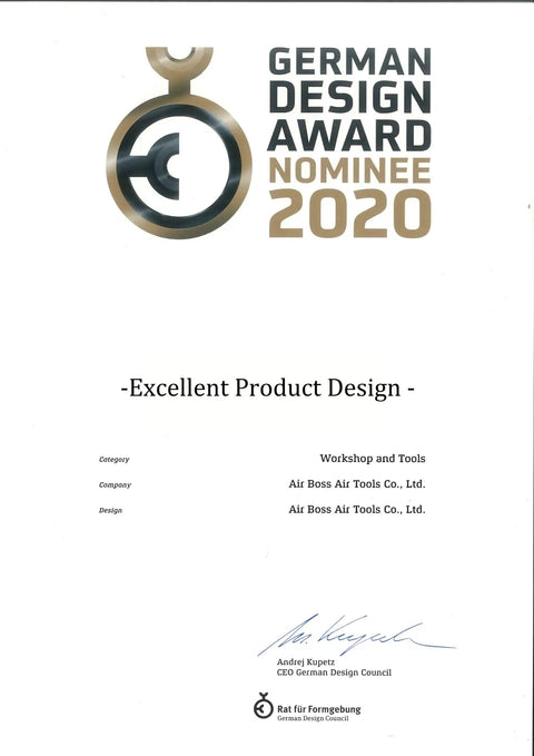 German Design Award 2020 Nominee certificate for Excellent Product Design by Air Boss Air Tools Co., Ltd.