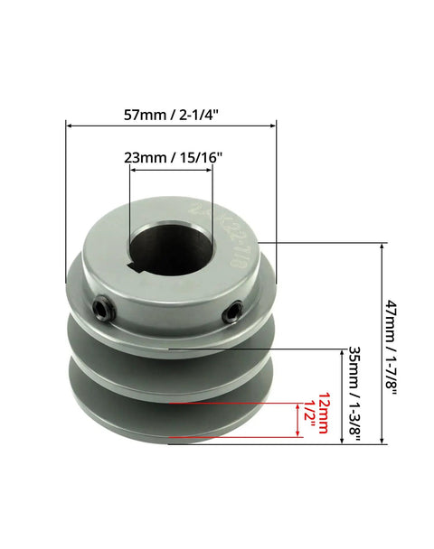Double Groove V Belt Pulley 2.20 Inch Outer Diameter For 7/8 Inch Shaft Fixed Bore Cast Iron Sheave 2 Grooves Keyway 3/16 Inch For A 3L And 4L Belts, shown with dimensional labels.