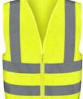 Neon Yellow High Visibility Safety Vest ANSI Class 2 With Two Utility Pockets Lightweight Polyester Fabric cut for medium adults, front view.