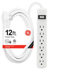Six Outlet Power Strip With 12 Ft Extension Cord And Flat Plug Grounded With Integrated Circuit Breaker 3 Prong Wall Mount ETL Listed White Finish Great For Home Office Workshop Or Garage visibly packaged with logo and specifications.