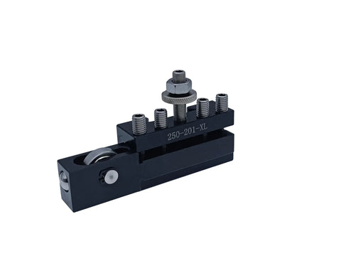 Side view of a metal 2 Piece Turning And Facing Lathe Tool Holder for BXA Quick Change Tool Post with screws and burnishing tool.