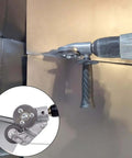 Heavy Duty Drill Nibbler Sheet Metal Cutter Kit for Electric Drills cutting metal sheet, close-up of attachment with handle.