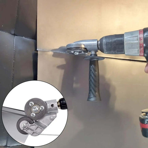 Heavy Duty Drill Nibbler Sheet Metal Cutter Kit for Electric Drills cutting metal sheet, close-up of attachment with handle.