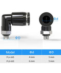 6mm Tube OD To M5 Male Elbow Push To Connect Pneumatic Fittings, 90 Degree Quick Connect, side and front view with dimensions chart