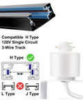 12 Pack Dope 10W LED Track Lighting Heads Adjustable Halo Type Fixtures For Accent Artwork And Retail Displays 4000K Cool White 120V 24 Degree Beam Angle White showing H type compatibility and 3-wire track system, black rail close-up.