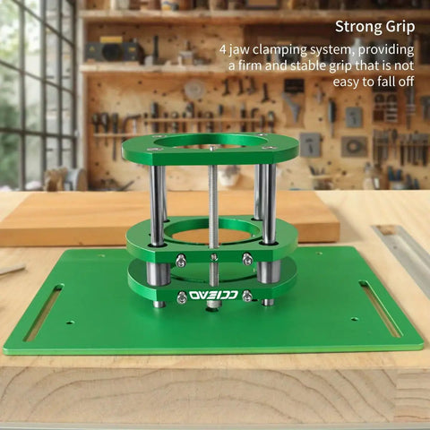 Boss Tier Router Table Lift System With Heavy Duty Aluminum Insert Plate For 65 Mm Motors showing 4 jaw clamping system for strong grip.