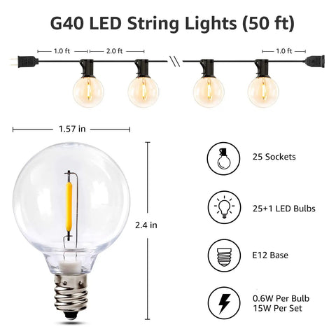 LED Outdoor String Lights For Patio 50ft With 26 Shatterproof G40 Globe Bulbs showcasing design details and specifications.