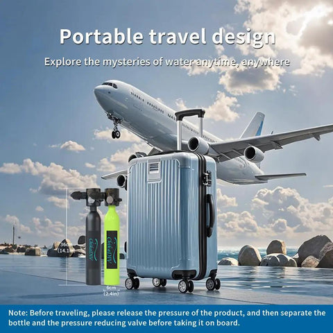 Portable 0.5L Mini Scuba Tank For Travel And Recreational Diving with luggage, airplane in background, saltwater ready