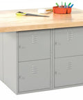 Heavy Duty Eight Locker Workbench With Thick Hardwood Top And Solid Steel Frame Rugged Sixty Four Inch Shop Table with lockers and tools