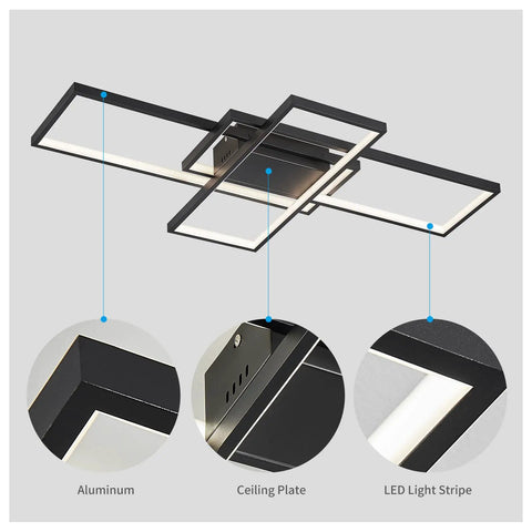 Black Modern Square LED Ceiling Light With Remote Dimmable 60W Built In Array 35 Inch Wide Aluminum Fixture Detail