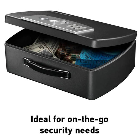 Compact Digital Keypad Safe Box Portable Steel Travel Safe With Carry Handle For Money Passport And Small Valuables Great For Dorm Apartment Or Office Security On The Go 0.21 Cubic Feet, open with contents inside