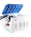 No Brainer 12 Volt Diesel Fluid Transfer Pump Kit Pairing 48 Gallon Portable Caddy Tank with blue lid and pump inside.