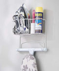 Wall Mounted Ironing Board Rack With Basket Storage For Easy Organization All-In-One Heavy Duty Steel Ironing Board Holder In White