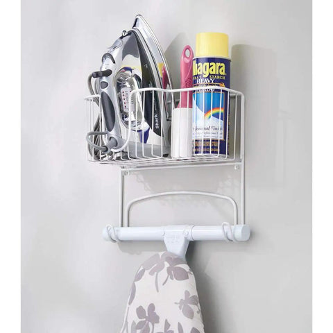 Wall Mounted Ironing Board Rack With Basket Storage For Easy Organization All-In-One Heavy Duty Steel Ironing Board Holder In White