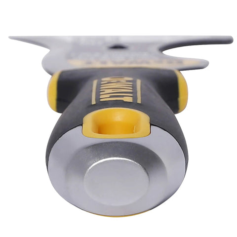 Close-up view of the handle and base of the 9-In-1 Painter's Tool With Straight And Curved Scrapers, showing the soft grip and hammer feature.