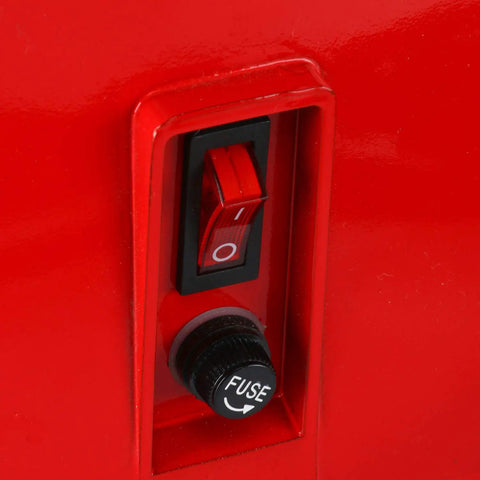 Industrial Mini Portable Stained Glass Grinder With Diamond Bit power switch and fuse close-up on red casing