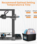 3D printer setup with upgraded filament dryer box for 2kg spools, recommended settings for PLA, PETG, ABS, and TPU filaments