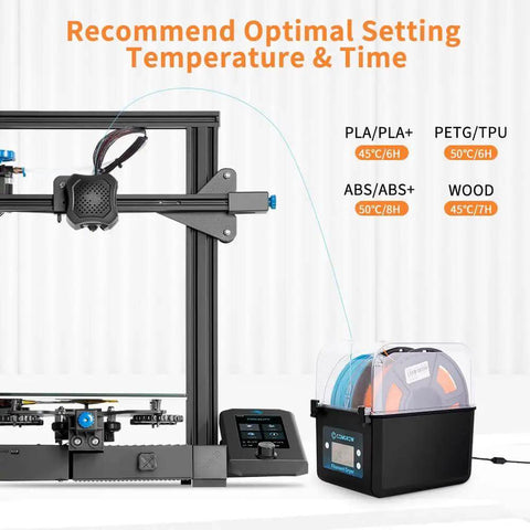 3D printer setup with upgraded filament dryer box for 2kg spools, recommended settings for PLA, PETG, ABS, and TPU filaments