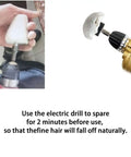 Person using DIY Friendly Buffing Wheel Kit With White Flannelette Pads, attached to a drill for polishing metal and jewelry.