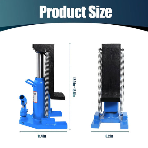 Heavy Duty Hydraulic Toe Jack Featuring 20 Ton Capacity And Rock Solid Steel Construction showing dimensions 11.4 in, 12.9-18 in range.