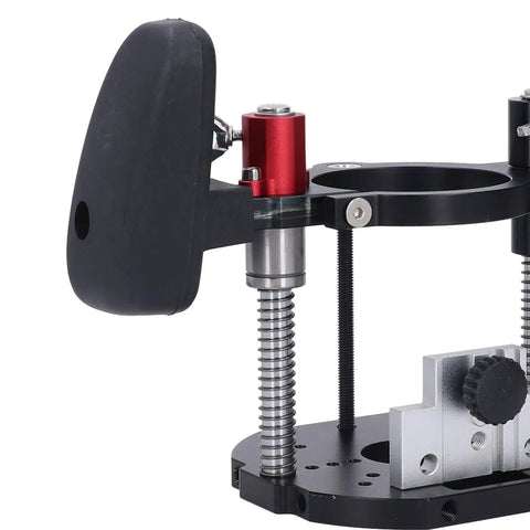 Built Like A Tank Aluminum Alloy Router Table Lift Base With Dead Nuts Accurate 65mm Plunge Mounting Plate close-up of adjustable clamp and mechanism.