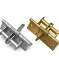 Two metal spring hinges, silver and gold, for door installation. Not Spring Loaded Door Hinge Closer For Indoor And Exterior Doors Black Concealed Self Closing Hinge With Hidden Positioning For Quiet Smooth Operation And Easy Install No Fuss 1 Piece.