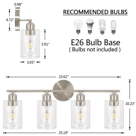 Four Light Bathroom Vanity Light Fixture In Brushed Nickel Finish With Clear Glass Shades Wall Mount Over Mirror Hardwired Easy Install And Up Or Down Mount For A Fresh Modern Look