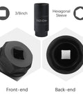 Pro Grade Oil Pressure Sensor Socket For Three Eighths Inch Drive Or One And One Eighth Inch Hex Wrench No Fuss Quick Swap For Removing And Installing Oil Sending Unit Heavy Duty Chrome Molybdenum Steel Black Finish showing front and back ends.