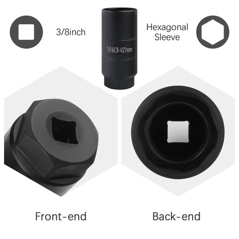 Pro Grade Oil Pressure Sensor Socket For Three Eighths Inch Drive Or One And One Eighth Inch Hex Wrench No Fuss Quick Swap For Removing And Installing Oil Sending Unit Heavy Duty Chrome Molybdenum Steel Black Finish showing front and back ends.