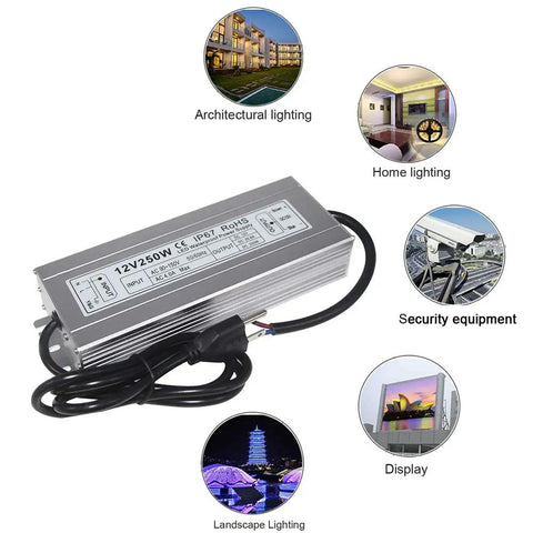 Beefy 250W 12V DC LED Driver Power Supply For Outdoor Use IP67 Waterproof Transformer with heat dissipation features and wiring.