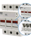 3 Pole Cylindrical Fuse Holder With LED Indicator for 10 X 38 mm Fuses, 32 Amp 690 VAC, 35mm DIN Rail Mount, UL and CE Certified