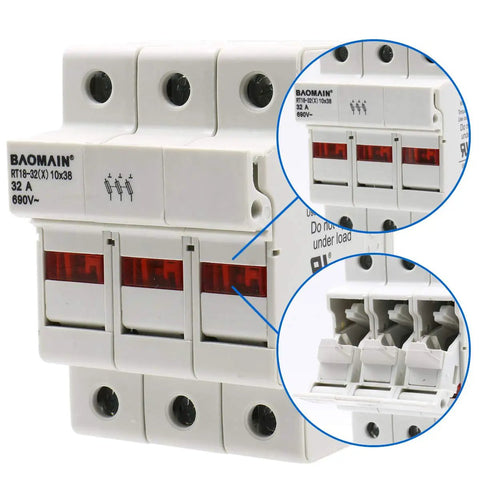 3 Pole Cylindrical Fuse Holder With LED Indicator for 10 X 38 mm Fuses, 32 Amp 690 VAC, 35mm DIN Rail Mount, UL and CE Certified