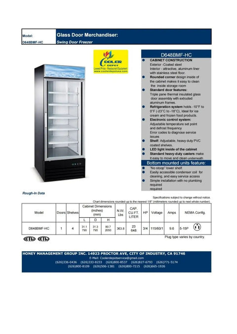 Top Shelf Commercial Freezer Slick Glass Door Reach In Display Merchandiser Twenty Three Cubic Feet Capacity with stainless steel interior.