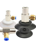 Industrial Grade Single Layer Vacuum Suction Cup For Pneumatic Manipulator Equipment. Black and white silicone suction cups with connections.