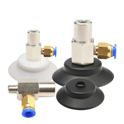 Industrial Grade Single Layer Vacuum Suction Cup For Pneumatic Manipulator Equipment. Black and white silicone suction cups with connections.