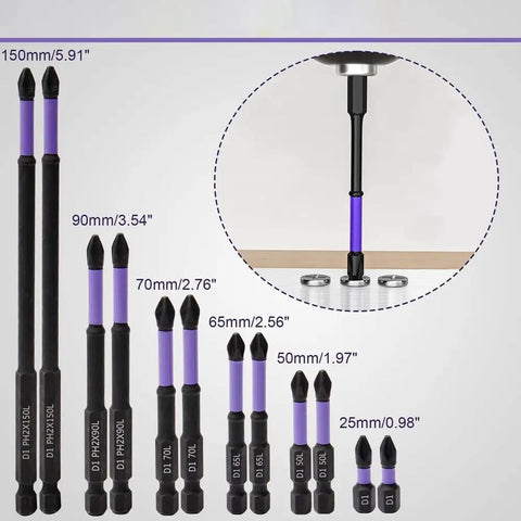 Heavy Duty Magnetic Screwdriver Bit Kit With 12 Pcs Super Tough D1 Alloy Steel Impact Resistant Bits For High Stressed Jobs And Non-Slip Toothed Grip That Handles Any Messy Project Like A Champ., 150mm magnetic D1 alloy steel screwdriver bit set with 25mm to 150mm sizes