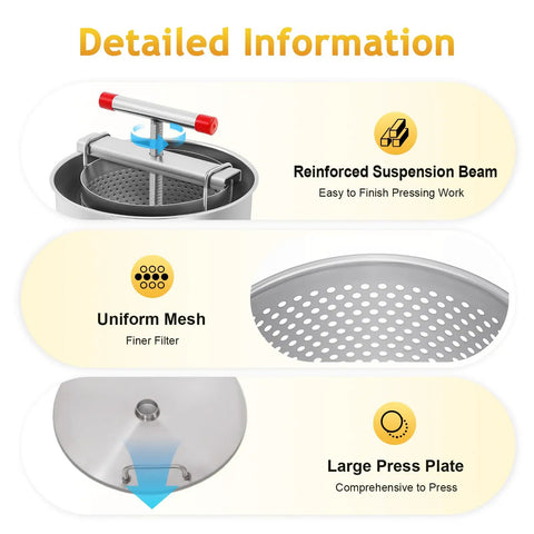 Detailed view of Manual Honey Press Extractor For Beeswax And Honeycomb Drums Stainless Steel Kitchen Tool With 532.6 Oz Capacity