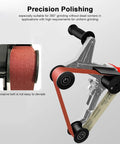 Close-up of GVBNOTT Pipe Tube Polisher Sander displaying 360° grinding feature with sanding belt in action.