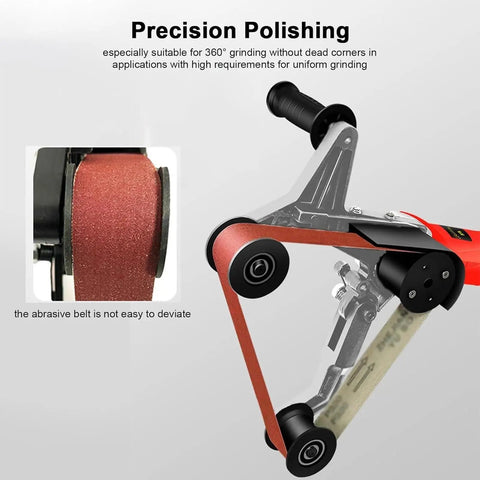 Close-up of GVBNOTT Pipe Tube Polisher Sander displaying 360° grinding feature with sanding belt in action.