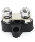 Heavy Duty 2 Piece 5 16 Dual Stud Battery Distribution Block 12 Volt 200 Amp Positive Negative Bus Bar showing metal studs and rubber base.