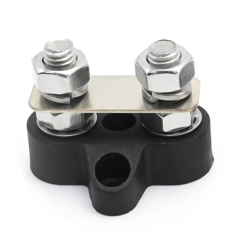 Heavy Duty 2 Piece 5 16 Dual Stud Battery Distribution Block 12 Volt 200 Amp Positive Negative Bus Bar showing metal studs and rubber base.