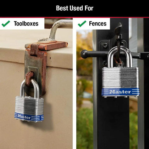 Outdoor Padlock With Key, 2 Pack Keyed Alike, Heavy Duty Weatherproof Lock securing toolbox and fence gate.